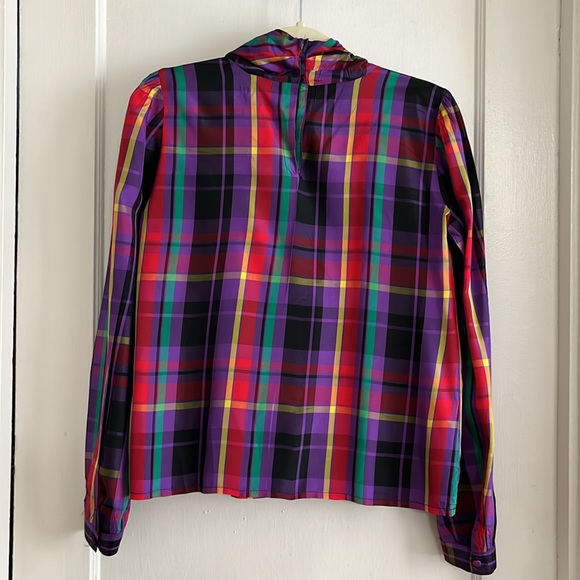 Vintage Colorful Taffeta Plaid Funnel Neck Holiday Winter Blouse Size Small - Picture 5 of 15